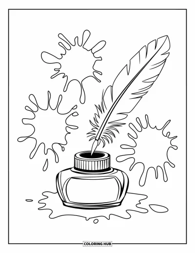 Coloriage de la lettre I pour enfants : Une plume d'oie et un encrier sont posés à côté d'éclaboussures et de gouttes d'encre ludiques