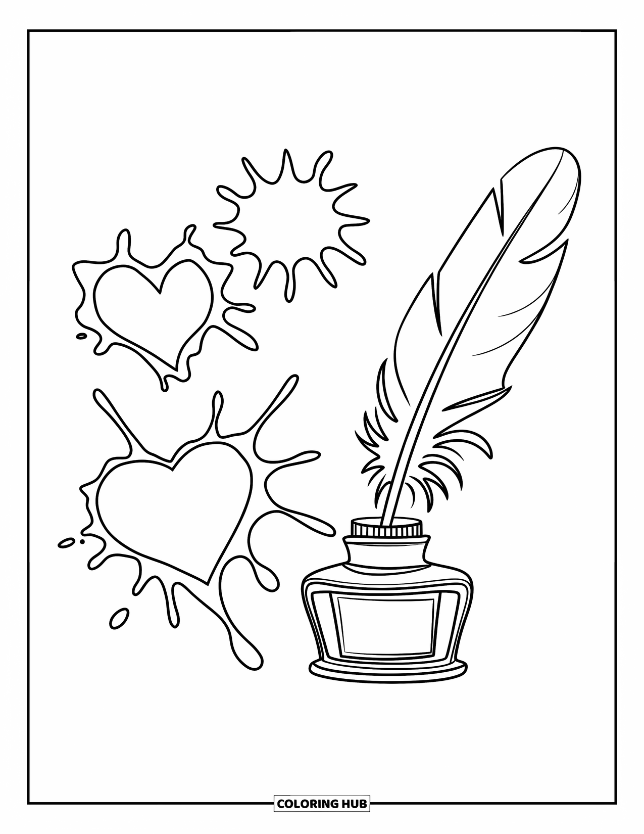 Letter I Coloring Page for Kids: A feather quill and ink bottle sit next to heart and star-shaped ink blots