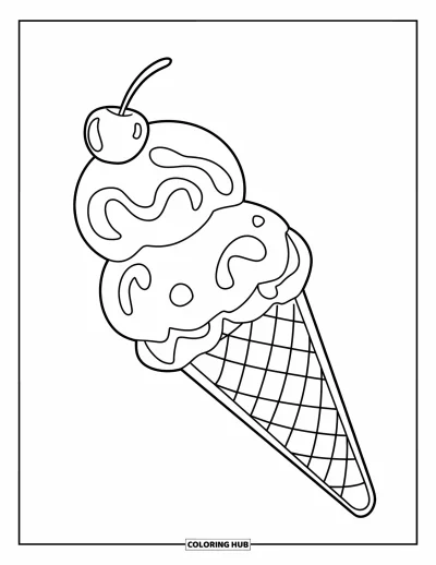 Coloriage de la lettre I pour enfants : Un cornet de glace rigolo à trois boules avec une cerise et un bâtonnet sur le dessus