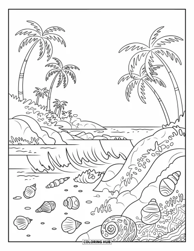 Coloriage de la lettre I pour enfants : Une scène tropicale moderne avec des palmiers et des vagues près de coquillages éparpillés