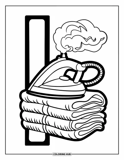 Coloriage de la lettre I pour enfants : Une pile de chemises bien rangée et un fer à repasser fumant forment la lettre I