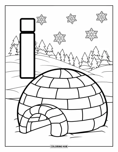 Coloriage de la lettre I pour enfants : Un igloo paisible est posé à côté de la lettre I sous des flocons de neige tombants