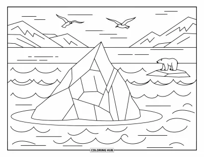 Coloriage de la lettre I pour enfants : Un ours polaire se tient sur un iceberg lointain entouré de vagues et de mouettes en vol