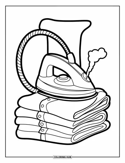 Coloriage de la lettre I pour enfants : Un fer à repasser fumant et des chemises pliées forment la silhouette de la lettre I