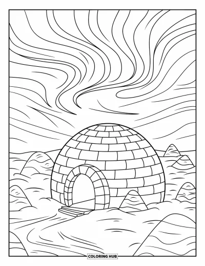 Coloriage de la lettre I pour enfants : Un petit igloo brille sous les aurores boréales, entouré de collines enneigées