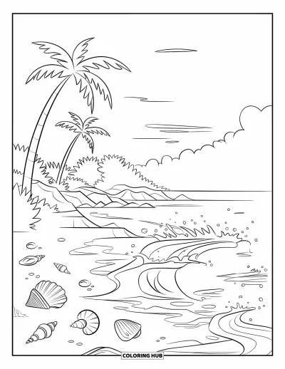 Coloriage de la lettre I pour enfants : Une île tropicale avec des vagues frappant des rochers, des coquillages sur le sable et de grands palmiers
