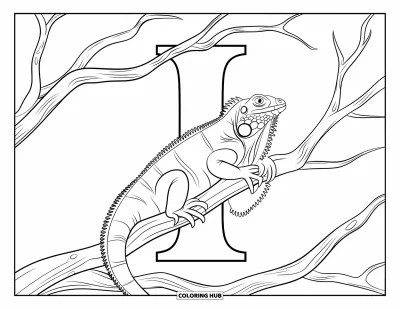 Coloriage de la lettre I pour enfants : Un iguane s'accroche à des branches encadrant une lettre « I » bien marquée