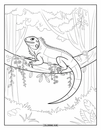 Coloriage de la lettre I pour enfants : Un iguane se détend à la verticale sur une grande branche dans la jungle