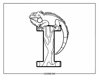 Coloriage de la lettre I pour enfants : Un iguane se repose paisiblement sur des branches d'arbre près de la lettre « I »