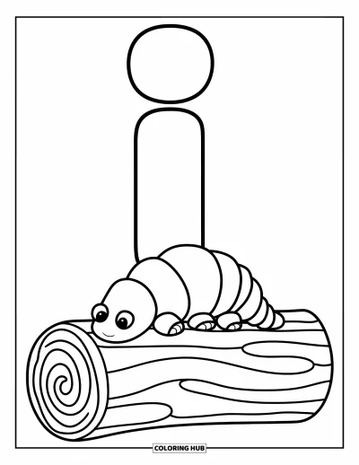Coloriage de la lettre I pour enfants : Une chenille arpenteuse avance sur un gros tronc à côté de la lettre I