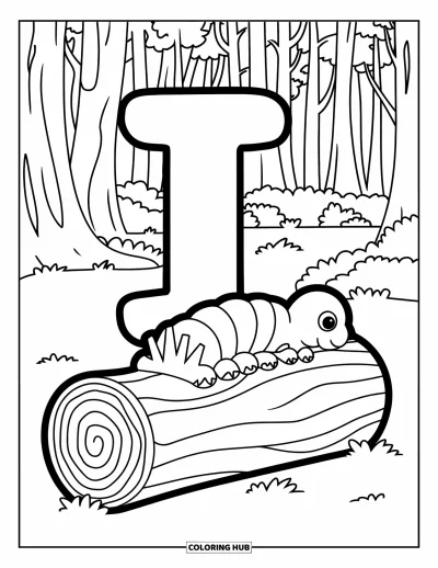 Coloriage de la lettre I pour enfants : Une chenille aux détails feuillagés rampe près d'une lettre I au style forestier