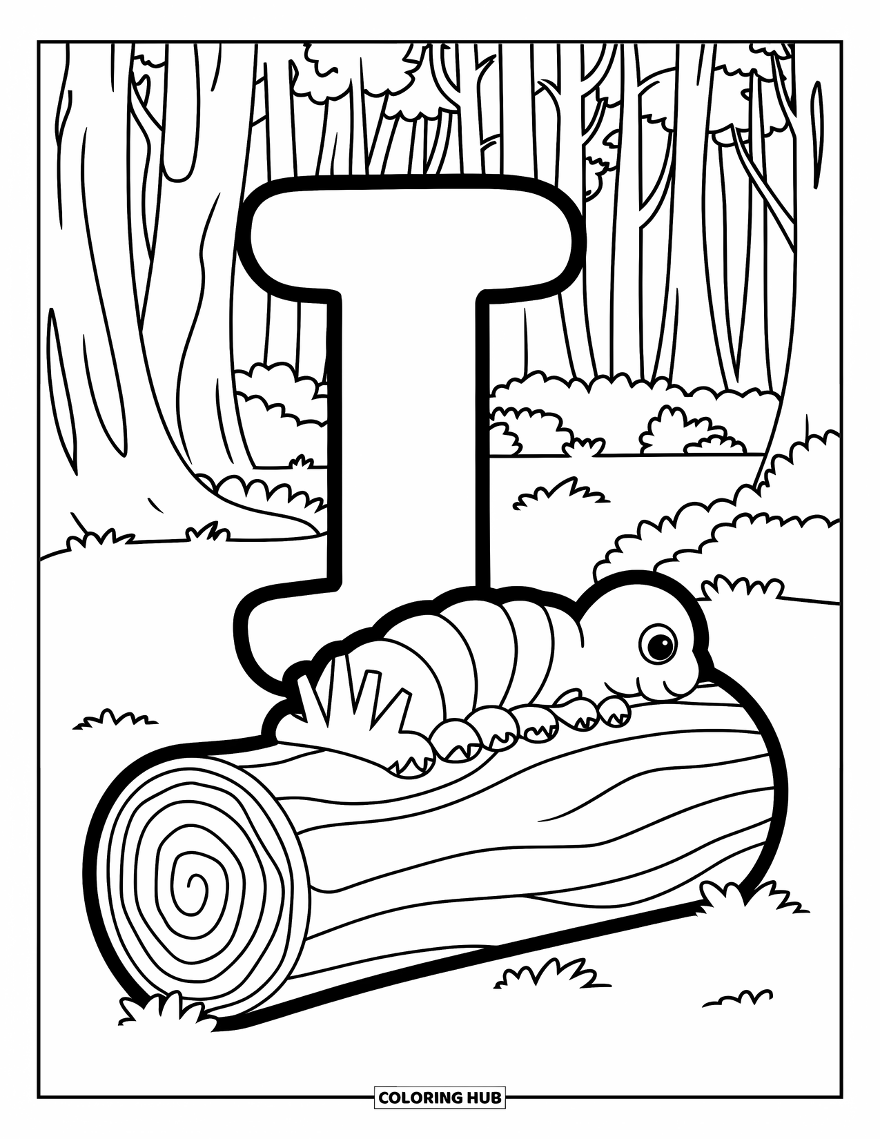 Letter I Coloring Page for Kids: An inchworm with leafy details crawls near a foresty letter I