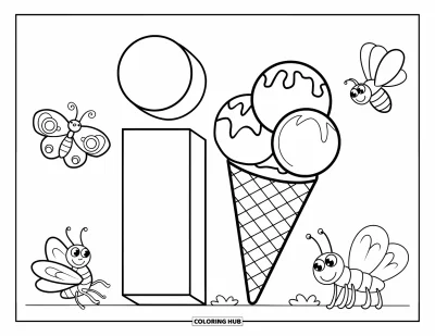 Coloriage de la lettre I pour enfants : Les lettres I et i sont entourées d'un papillon, d'une abeille et d'un énorme cornet de glace