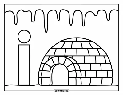 Coloriage de la lettre I pour enfants : Les lettres I et i reposent près d'un igloo douillet avec des glaçons et des collines enneigées