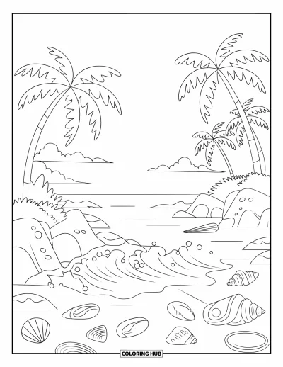 Coloriage de la lettre I pour enfants : Des coquillages, des vagues et des palmiers composent une scène d'île tropicale apaisante