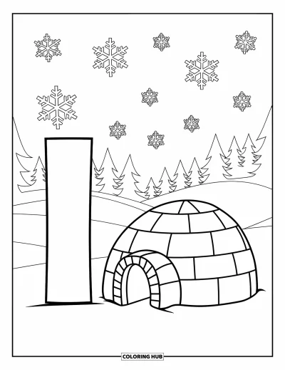 Coloriage de la lettre I pour enfants : Des flocons de neige tombent autour d'un igloo à côté de la lettre I
