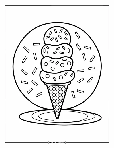 Coloriage de la lettre I pour enfants : La lettre I est surmontée d'un cornet de glace aux tourbillons et de confettis colorés