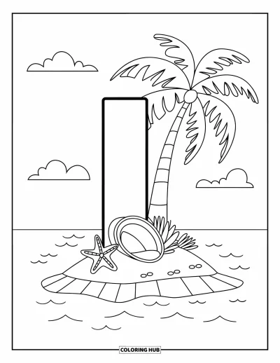 Coloriage de la lettre I pour enfants : La lettre I prend la forme d'une île tropicale avec un cocotier et des coquillages