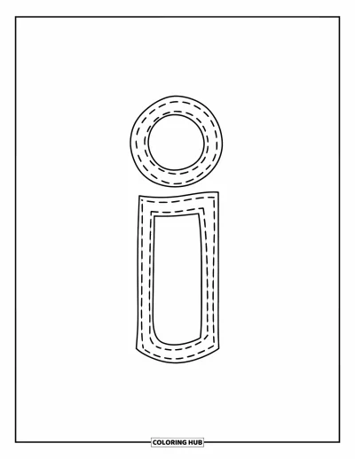Coloriage de la lettre I pour enfants : Le i minuscule est tracé en pointillés pour faciliter l'apprentissage de l'écriture