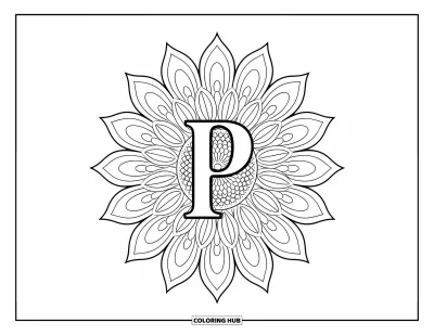 Coloriage de la lettre P pour adultes : Une grande lettre P repose dans les pétales d'un mandala façon tournesol, idéal pour la relaxation