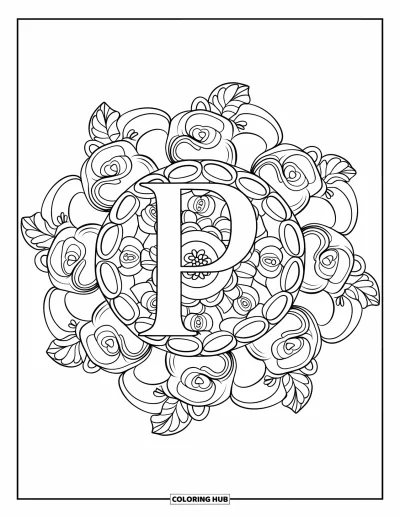 Coloriage de la lettre P pour adultes : Un P bien visible repose au centre d'un mandala de roses, de pétales et de vignes