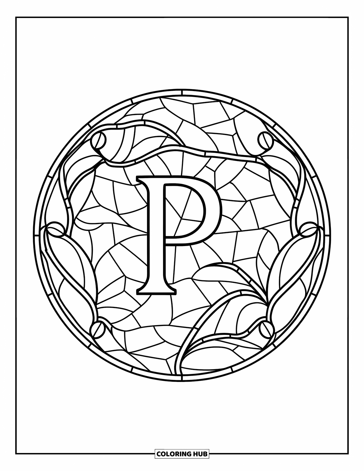 Letter P Coloring Page for Adults: A centered P glows within a stained glass mosaic of leafy curves and soft shapes