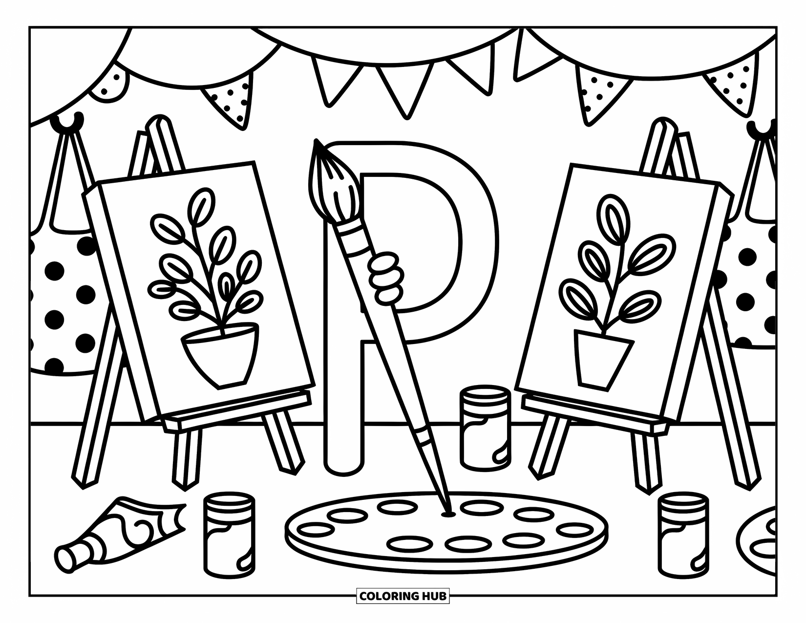 Letter P Coloring Page for Adults: A cheerful letter P paints among spilled colors, plant sketches, and polka-dotted aprons
