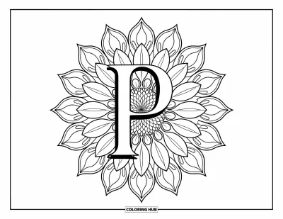 Coloriage de la lettre P pour adultes : Une lettre P classique s'inscrit dans les pétales d'un mandala inspiré des tournesols aux motifs finement détaillés