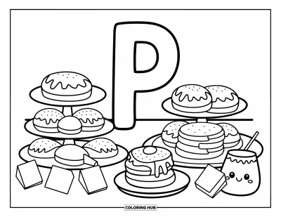 Coloriage de la lettre P pour adultes : Une scène de pâtisserie chaleureuse avec la lettre P, des tourbillons de glaçage et des plateaux de douceurs