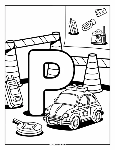 Coloriage de la lettre P pour adultes : Une scène policière chaleureuse avec la lettre P, des cônes de signalisation, un insigne et un petit panneau d'affichage