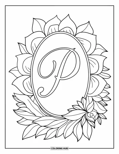 Coloriage de la lettre P pour adultes : Une lettre P cursive repose dans un cadre ovale aux tourbillons de pétales et de feuilles