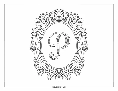 Coloriage de la lettre P pour adultes : Un P décoratif occupe le centre d'un cadre de style baroque avec des ornements en volutes