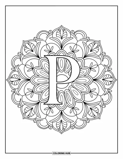 Coloriage de la lettre P pour adultes : Un mandala détaillé de feuilles et de motifs paisley enveloppe un P ornemental