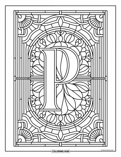 Coloriage de la lettre P pour adultes : Un motif floral et géométrique en vitrail entoure une grande lettre P décorative