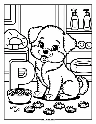 Coloriage de la lettre P pour adultes : Un chiot tout doux est assis près de la lettre P dans une animalerie chaleureuse