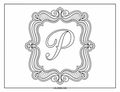 Coloriage de la lettre P pour adultes : Un gracieux P repose dans un cadre baroque rempli de tourbillons et de lignes en dentelle