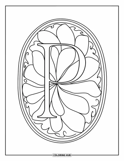 Coloriage de la lettre P pour adultes : Un gracieux P repose dans un cadre ovale de pétales et de volutes pour un coloriage créatif
