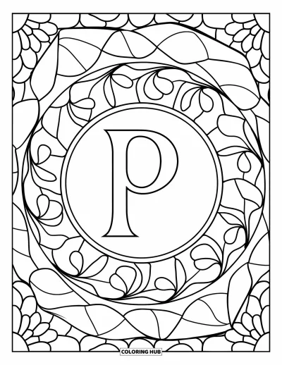 Coloriage de la lettre P pour adultes : Une lettre P est encadrée par des courbes façon vitrail et des formes de mandala végétal