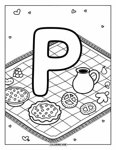 Coloriage de la lettre P pour adultes : Une couverture de pique-nique accueille la lettre P, de délicieuses gourmandises et des papillons qui volettent