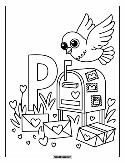 Coloriage de la lettre P pour adultes : Un pigeon distribue du courrier au-dessus de P, avec des enveloppes en forme de cœur et une adorable petite boîte aux lettres