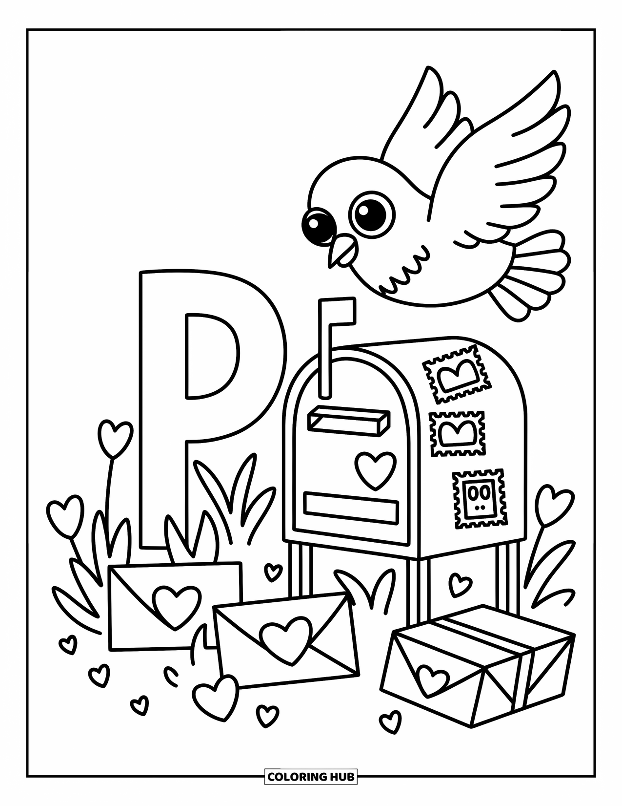 Letter P Coloring Page for Adults: A pigeon delivers mail above P, heart envelopes, and a cozy mini mailbox