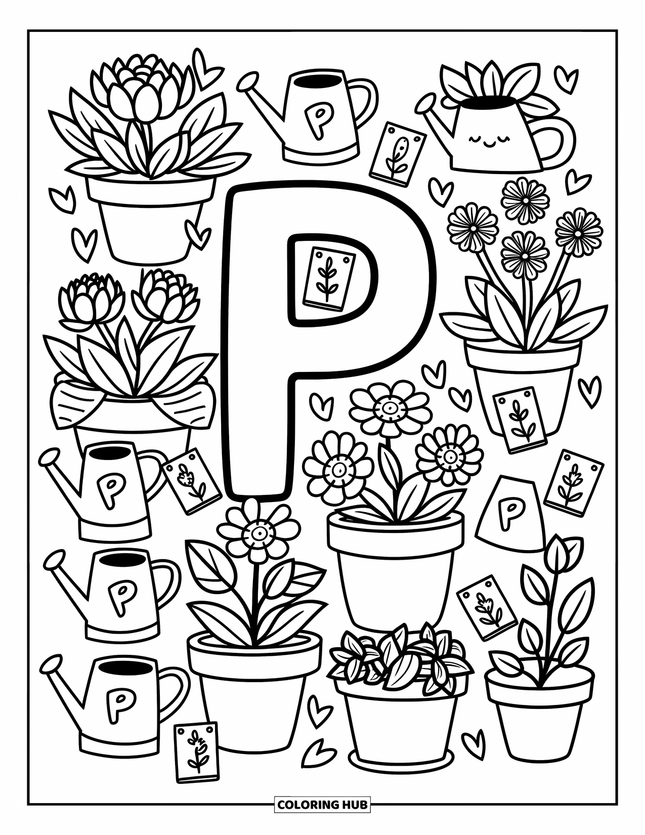 Letter P Coloring Page for Adults: A plant nursery with letter P, blooming flowers, and tiny seed packets