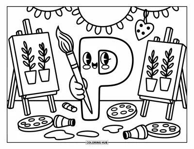Coloriage de la lettre P pour adultes : Une lettre P pleine de vie peint dans un atelier douillet rempli de tourbillons et de petites palettes