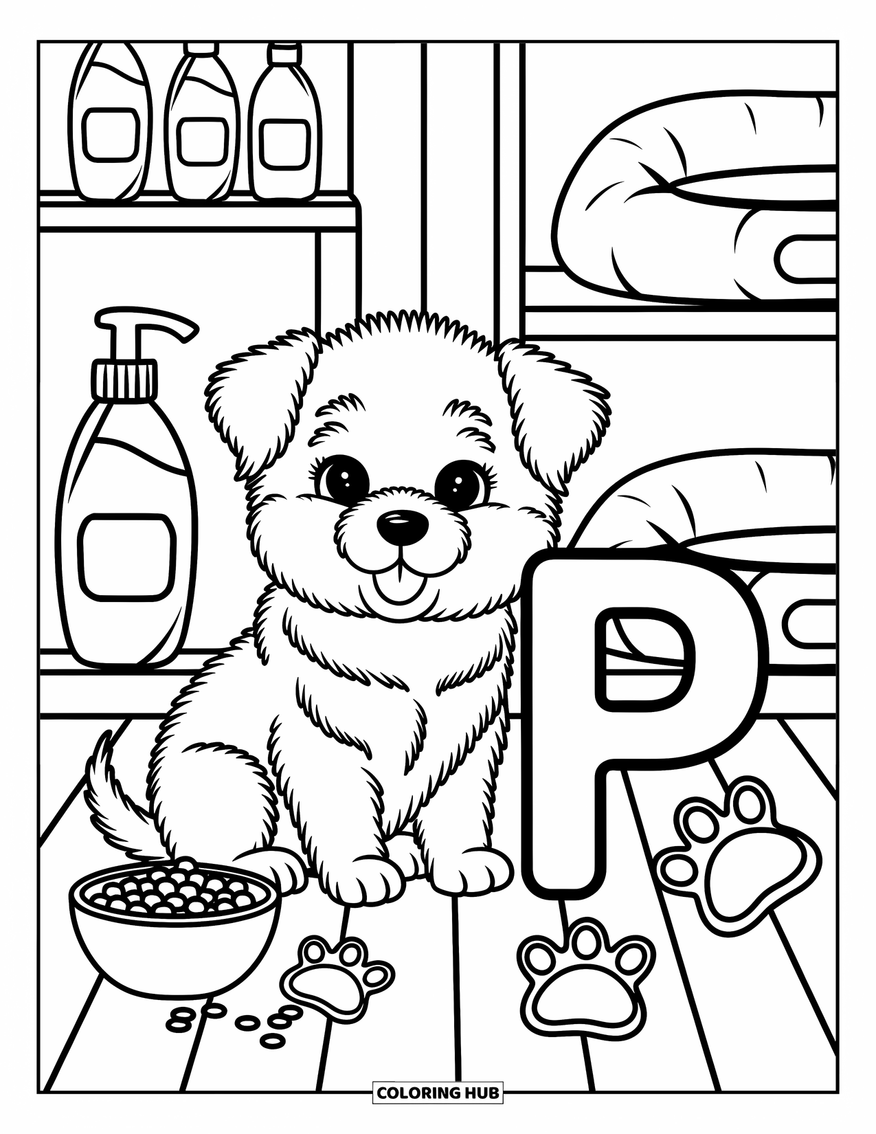 Letter P Coloring Page for Adults: A puppy snuggles beside P in a shop with toys, treats, and pet shampoo