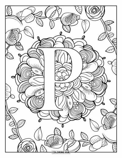 Coloriage de la lettre P pour adultes : Un mandala de roses avec des vignes et des pétales encadre magnifiquement un grand P majuscule