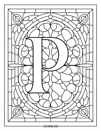 Coloriage de la lettre P pour adultes : Un P stylisé rayonne au sein d'un vitrail symétrique aux motifs élégants