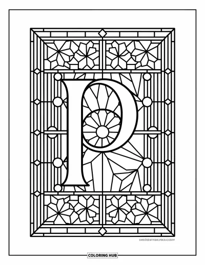 Coloriage de la lettre P pour adultes : Un vitrail symétrique encadre un P stylisé avec des détails floraux et géométriques