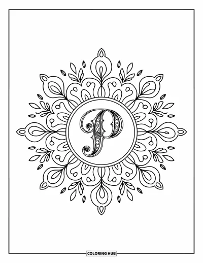 Coloriage de la lettre P pour adultes : Un P élégant est entouré de petits ornements de mandala faits de pétales, de feuilles et de motifs paisley