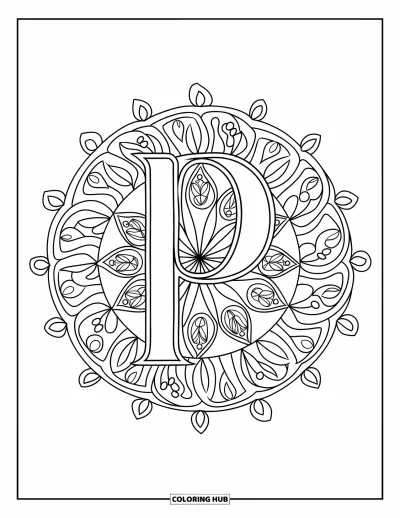 Coloriage de la lettre P pour adultes : Une magnifique lettre P s'épanouit au centre d'un mandala rempli de formes végétales délicates