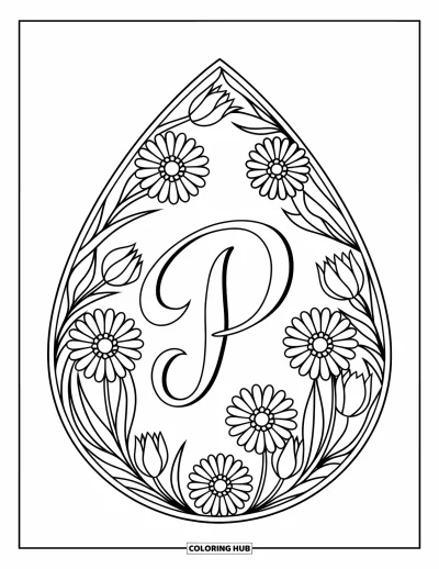 Coloriage de la lettre P pour adultes : Des marguerites et des tulipes forment un mandala en larme autour d'une belle lettre P en style calligraphique